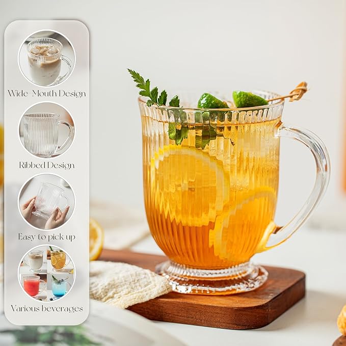 Large Ribbed Glass Coffee Mugs Set of 4,16 Oz Clear Espresso Mugs with Spoon, Glass Diner Cups with Handle Diner Latte Cup with Footed Base for Hot Beverages,Cappuccino Cups, Stylish Drinkware