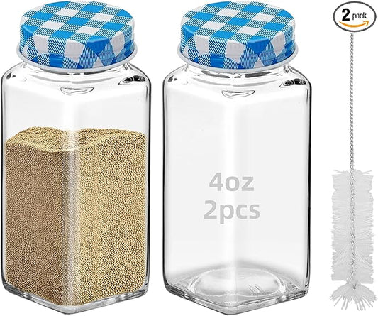 2Pcs 4oz Glass Spice Jars with Shaker Lids, Spice Jars Trial Set & Supplement Set, Empty Spice Containers and Square Spice Bottles for Kitchen (Blue grid iron Lids)