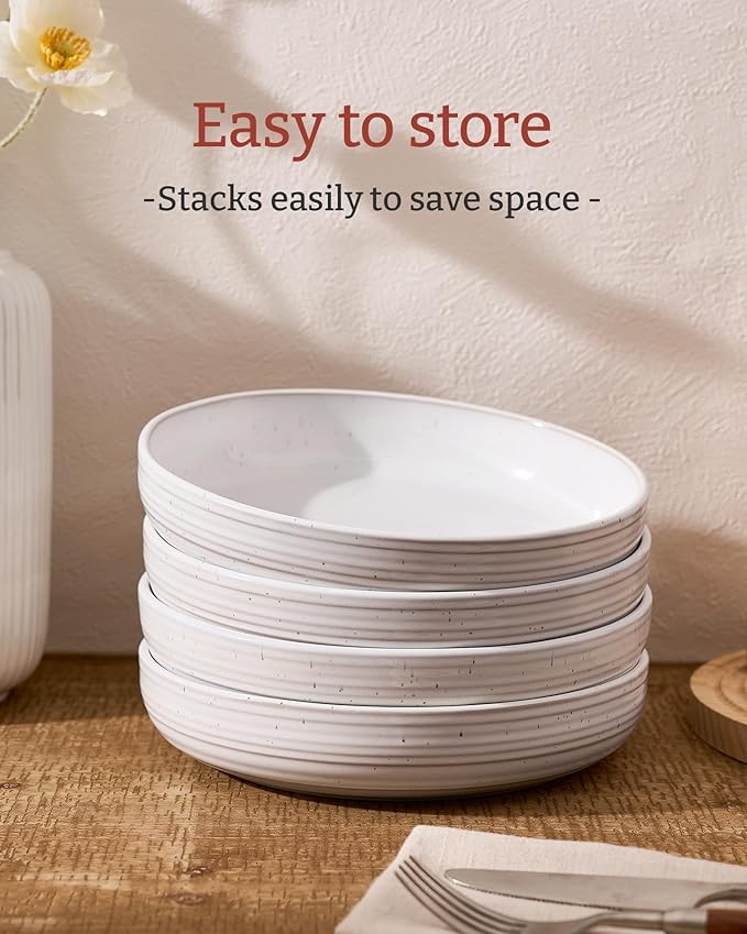 famiware Milkyway 33 oz Bowl Set, Pasta Bowls Set of 6, Salad Bowls, Double Reactive Glaze, Sturdy & Stackable, Ideal for Housewarming, Festivals, White with Speckles