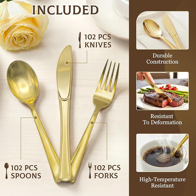 306 Pack Gold Plastic Silverware - Heavy Duty Gold Silverware Set - 102 Forks, 102 Knives, 102 Spoons Plastic Cutlery Disposable for Holidays, Parties, Dinners, Weddings Gathering, Daily Use