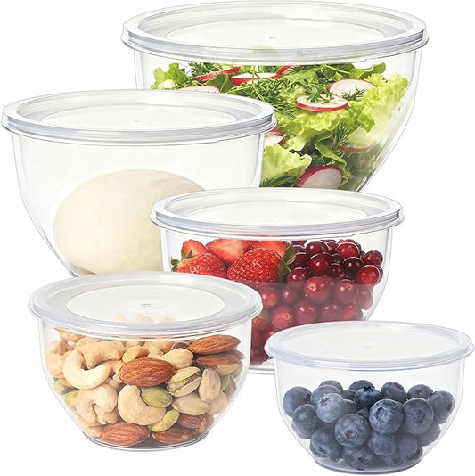 Plastic Mixing Bowls with Lids Set for Kitchen, Nesting Bowls for Mixing, Baking, Prepping, Cooking and Serving Food, Mixing Bowls Dishwasher, Microwave Safe (Clear)