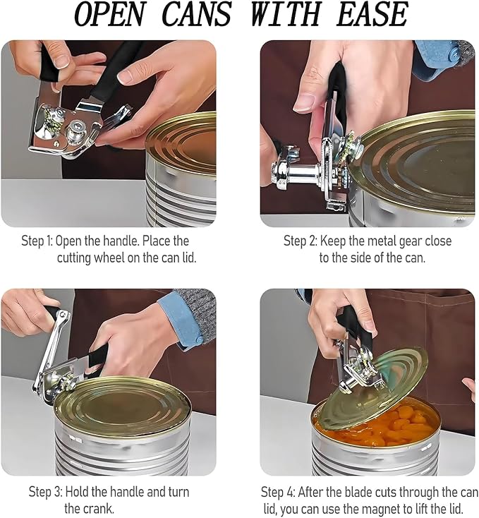 Commercial Can Opener Manual, RICKUNCL Heavy Duty Can opener with Magnet, Stainless Steel Handheld Can Opener with Folding Easy Crank Handle Oversized Knob for Big Cans and All Size Cans