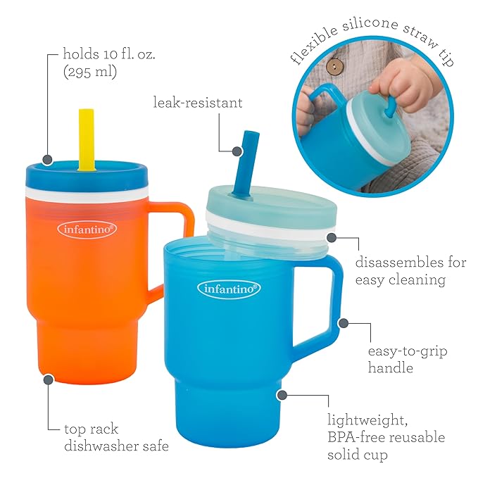 Infantino My 1st Tumbler, Durable Plastic Sippy Cup with Silicone Leak-Resistant Straw & Handle, for On-the-Go, BPA-Free Transition Cup, High Tide and Citrus Splash, 2-Pack