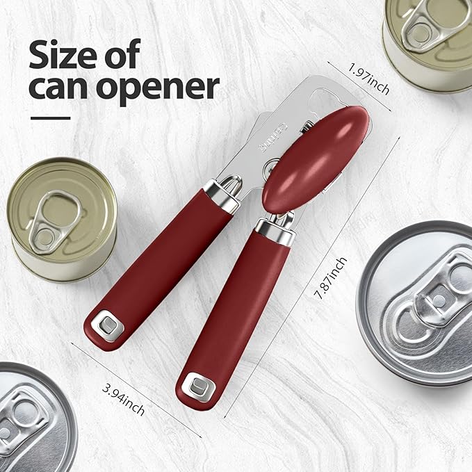 Can Opener Manual, Heavy Duty Stainless Steel Smooth Edge Can Openers With Soft Touch Handle, Oversized Handheld Easy Turn Knob, Multi-Function Bottle Opener, Red
