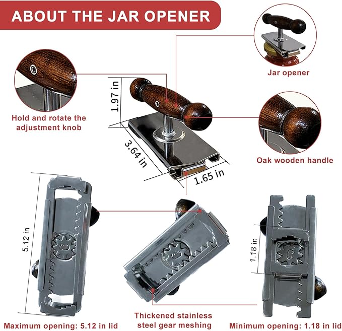 Aesthetic Oak Handle Effortless Jar Opener - Heavy-Duty 304 Stainless Steel Adjustable Cap Crack, Strong Grip for Senior & Weak Hand - Physical Leverage Manual Lid Remover Kitchen Aid Tool