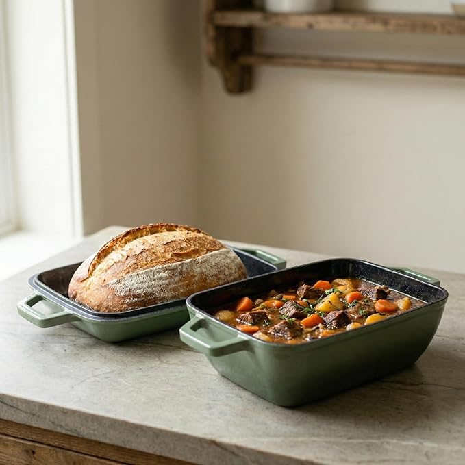 Oval Cast Iron Dutch Oven for Bread Baking 12x8 Inch Enameled Bread Pan with Lid 6QT Cast Iron Bread Dutch Oven for Sourdough，Green