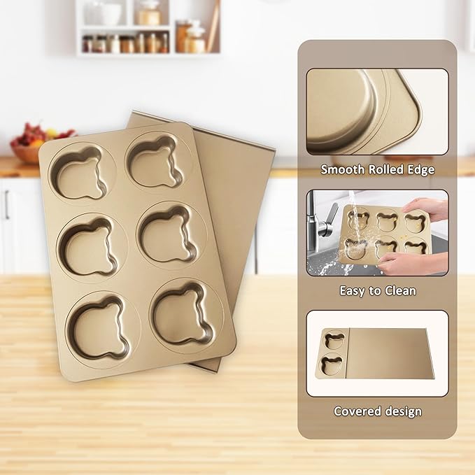 6 Cavity English Muffin Pans, Bear-Shaped Donut Mold Cake Pan, Straight Side English Muffin Cupcake Pan with Lid, Non-Stick Madeleine Doughnut Pans for Bear Cake Decoration