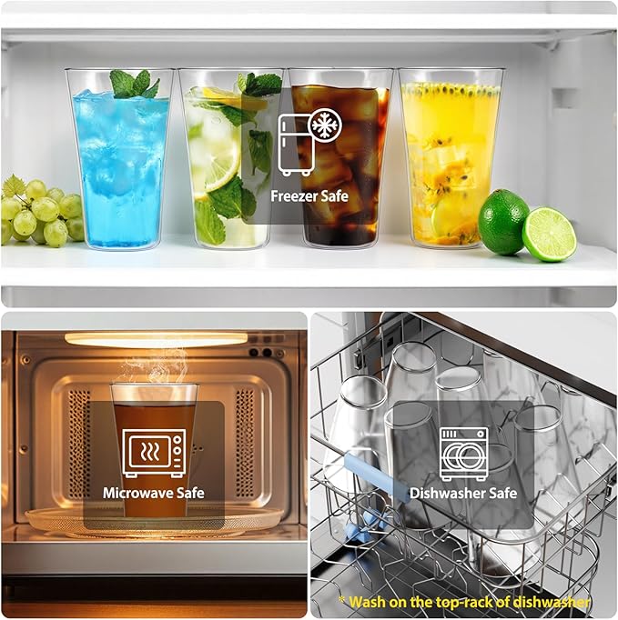 20oz Unbreakable Drinking Glasses (Set of 8), All-Clear Reusable Drinking Cups, BPA-Free, Shatter-Proof, Dishwasher & Microwave Safe, Stackable Plastic Tumblers for Home, Outdoor, Camping, Pool