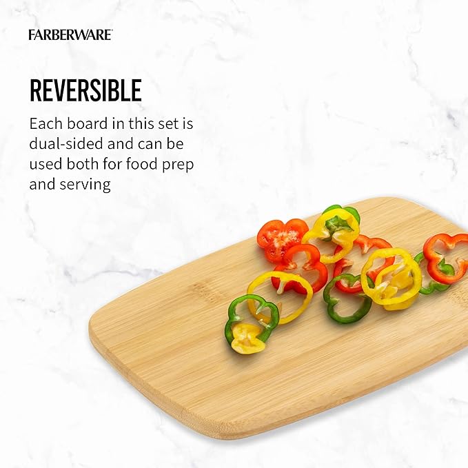 FARBERWARE 4-Piece Reversible Bamboo Cutting Board and Charcuterie Set, Assorted Sizes, Durable Wood Serving Boards for Cheese, Meats, and Prep