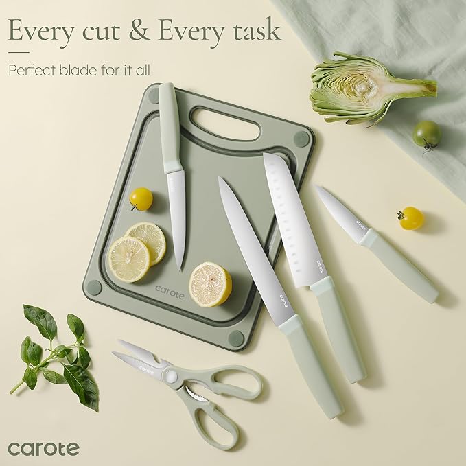 CAROTE 9 Pieces Kitchen Knife Block Set with Sharpener, Dishwasher Safe Knives for Kitchen, Forged Cutlery with Razor-Sharp Stainless Steel Blades, Green