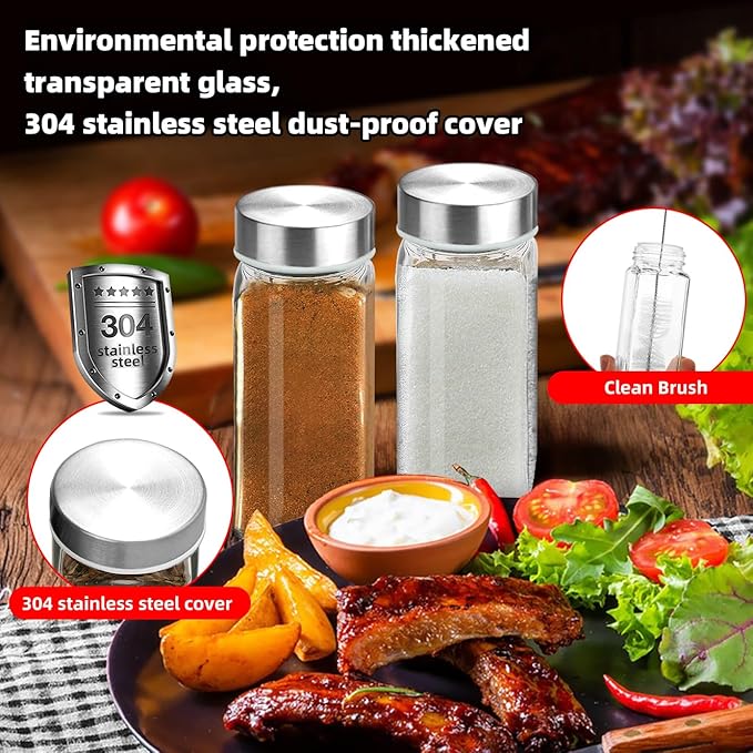 2Pcs 4oz Glass Spice Jars with Shaker Lids, Spice Jars Trial Set & Supplement Set, Empty Spice Containers and Square Spice Bottles for Kitchen (304 Stainless steel Lids)