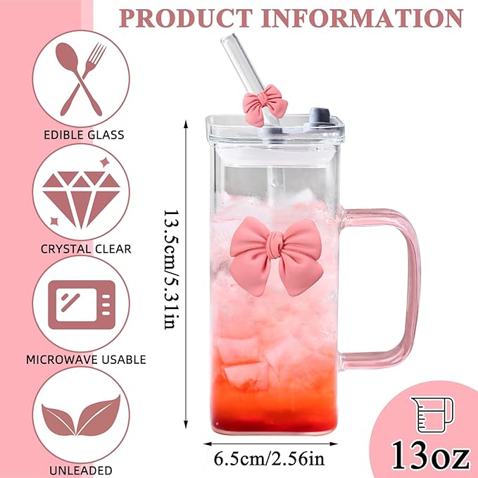 13Oz Square Glass Cups with Lids and Straws，Heat Resistant Glass Tumbler with Handle Bow Knot Transparent Drinking Glasses for Water,Juice,Iced Coffee,Milk,Tea (pink)
