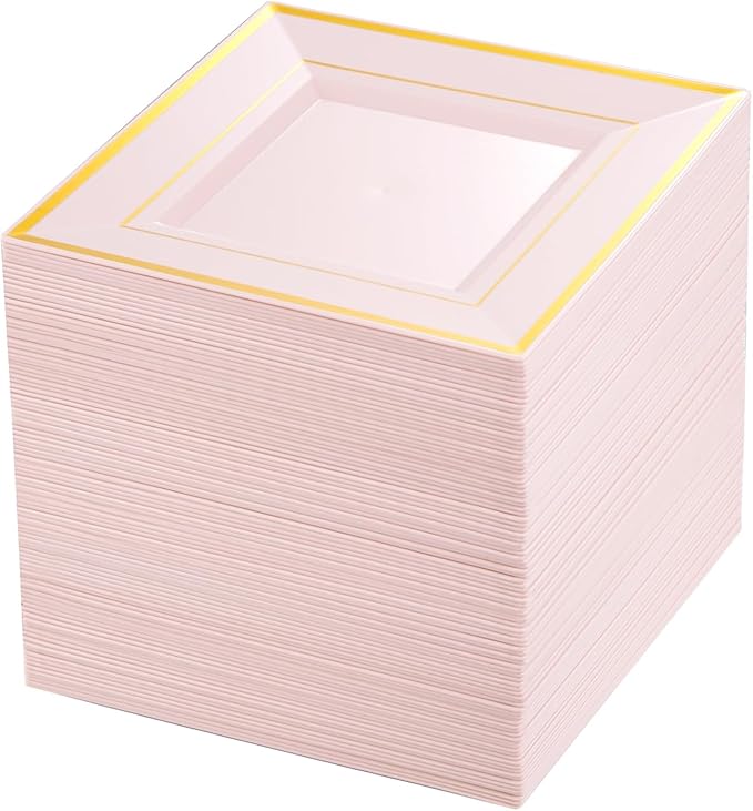 bUCLA 100PCS Pink Square Plastic Plates - 6inch Disposable Pink and Gold - Premium Hard Square Small Appetizer/Cake Plates for Wedding, Party & Easter