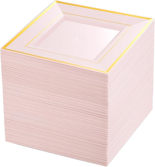 bUCLA 100PCS Pink Square Plastic Plates - 6inch Disposable Pink and Gold - Premium Hard Square Small Appetizer/Cake Plates for Wedding, Party & Easter
