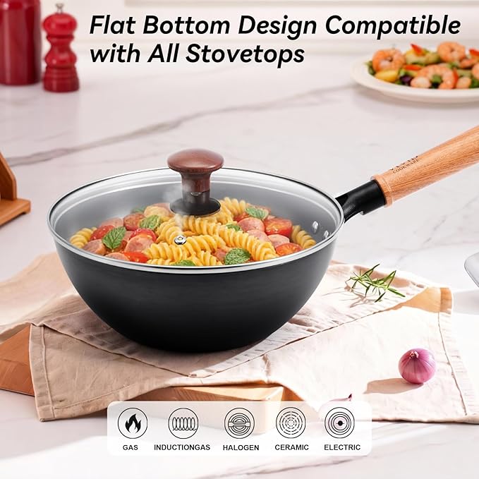 Carbon Steel Wok Pan with Lid, 9.8 Inch Deep Flat Bottom Wok, Coating-Free Carbon Steel Pan for Stir Fry, Soup, Noodles, Braising & Boiling, Small Induction Wok with Wooden Handle