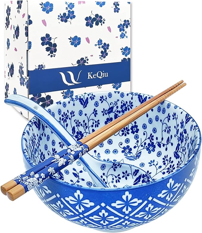 Japanese 28 Oz Ceramic Ramen Noodle Soup Cereal Pho Rice Salad Bowl Set with Chopsticks and Spoons, Premium Gift Set for House Warming, Birthday, Holiday, Microwave Safe, Dishwasher Safe