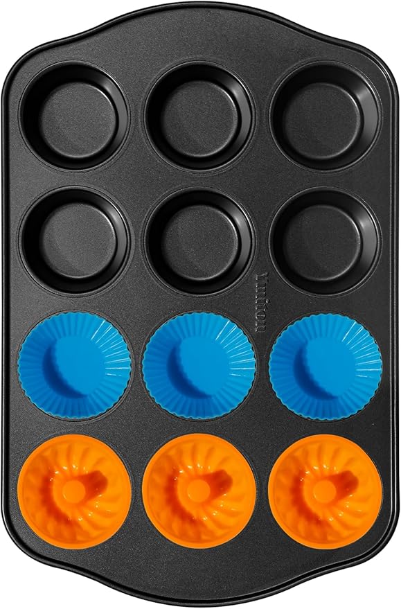 Nonstick Muffin Pan with 12 Silicone Baking Cups, Carbon Steel Muffin Tin for Muffins, Cupcakes, Egg Bites and more, Non Toxic, Easy to Clean, Dishwasher Safe, Foggy Gray