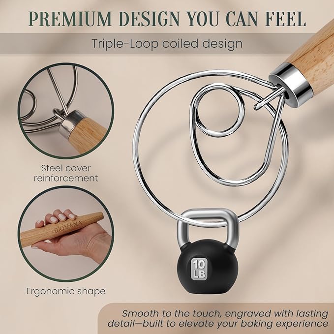 13-Inch Danish Dough Whisk – Wooden Handle with Stainless Steel Single Loop – Bread Whisk for Sourdough, Pizza Dough, Cake Batter and Artisan Bread Baking