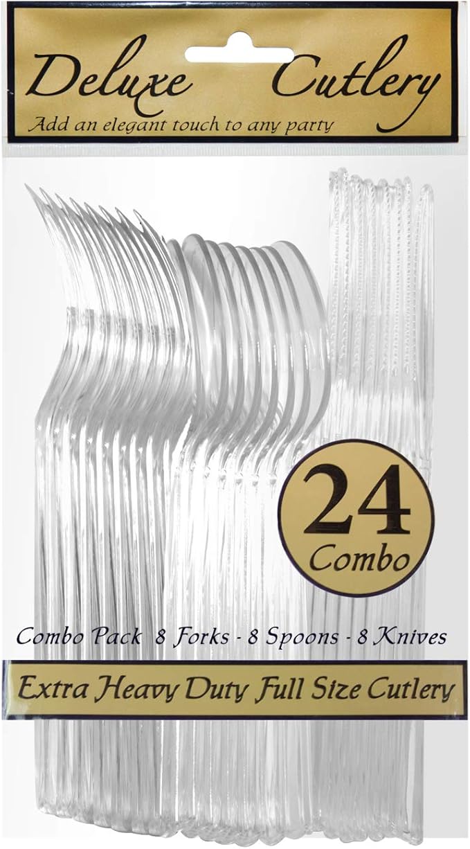 Party Essentials Extra Heavy Duty Hard Plastic Cutlery Combo Pack and Full Size Knives/Forks/Spoons, Clear, 8 Place Setting-Count