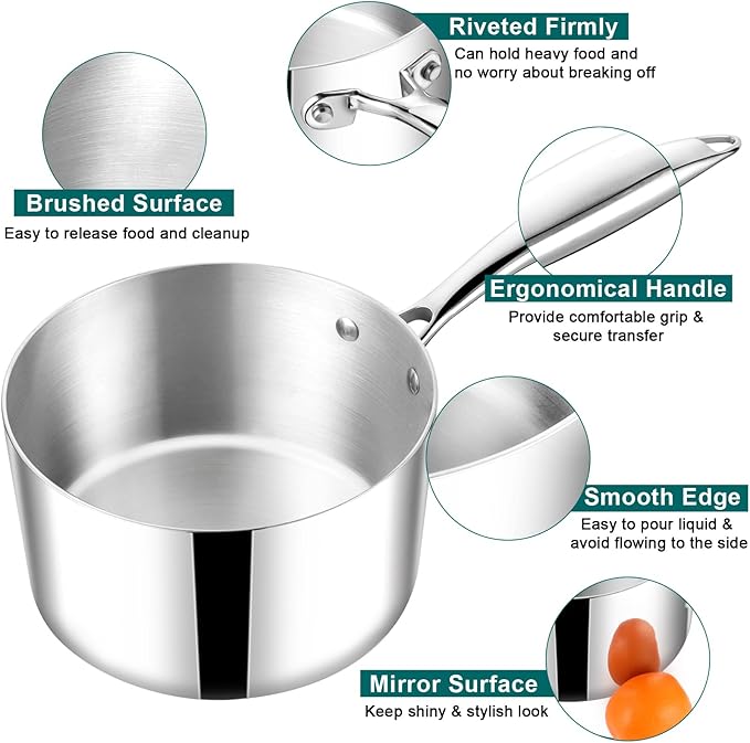 TeamFar 3qt Saucepan with Lid, Stainless Steel Tri-ply Pasta Sauce Milk Pan Small Cooking Pot with Ergonomic Handle, for Induction/Gas/Electric/Ceramic, Healthy & Heavy Duty, Dishwasher Safe