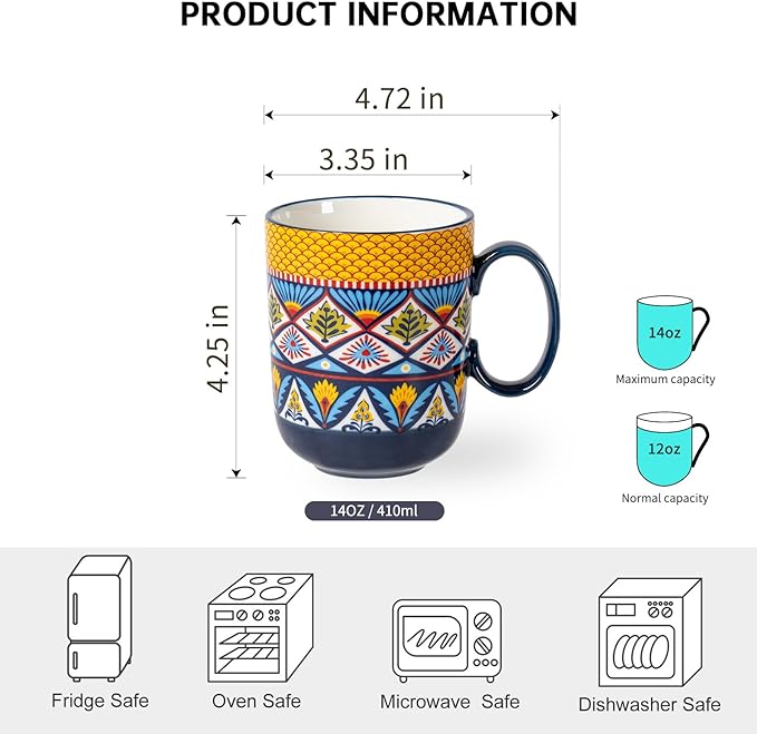 HENXFEN LEAD Boho Ceramic Coffee Mugs Set of 6 – 14 oz Porcelain Cups for Latte, Cappuccino, Tea & Cocoa – Microwave & Dishwasher Safe