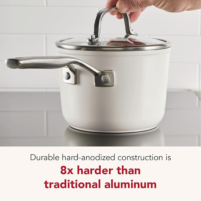KitchenAid Hard Anodized Ceramic Induction Nonstick Cookware Saucepan with Lid, Dishwasher Safe, 2 Quart Non Stick Sauce Pan with Stainless Steel Handle - Porcelain White