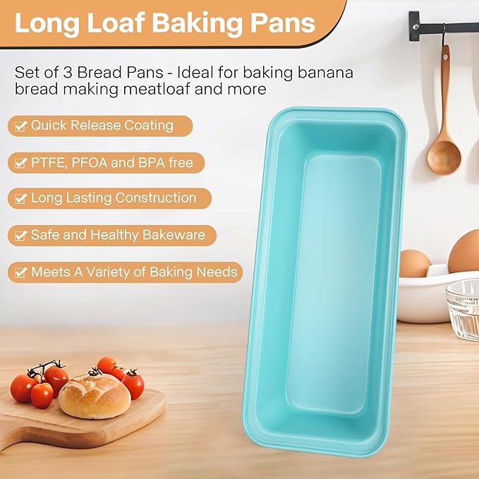 3-Pack 13x5 Nonstick Loaf Pan, 450°F Oven Safe Carbon Steel Bread Pans for Easy Release & Quick Clean, Ideal for Home Bakers Baking Banana Bread, Meatloaf, Cake & Sourdough