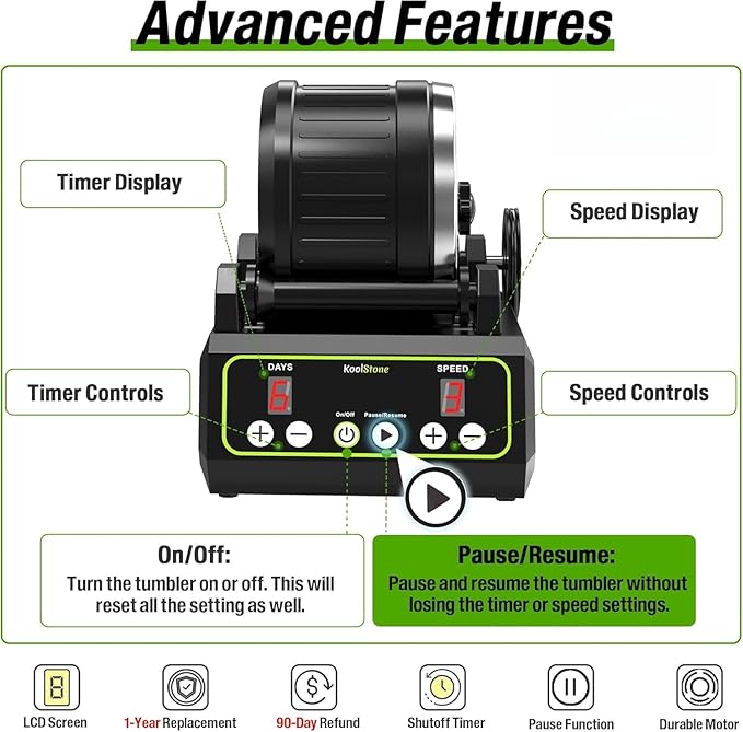 C1 Pro Brushless Rock Tumbler Kit - Professional Large 2.5LB Capacity, Up to 3X More Durable, Ultra Long Working Life Rotary Polisher with Full Accessories & Memory Function, Ideal for Adults