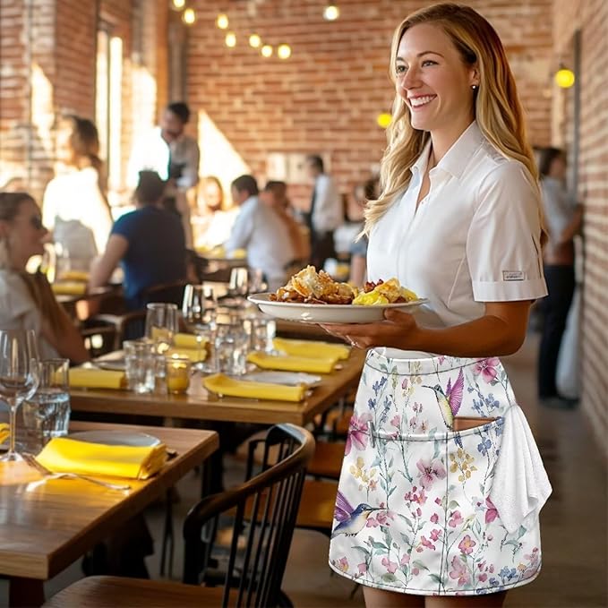 Server Waitress Waist Apron with 3 Pockets, Short Aprons for Servers,Waiter Apron For Waiter Accessories