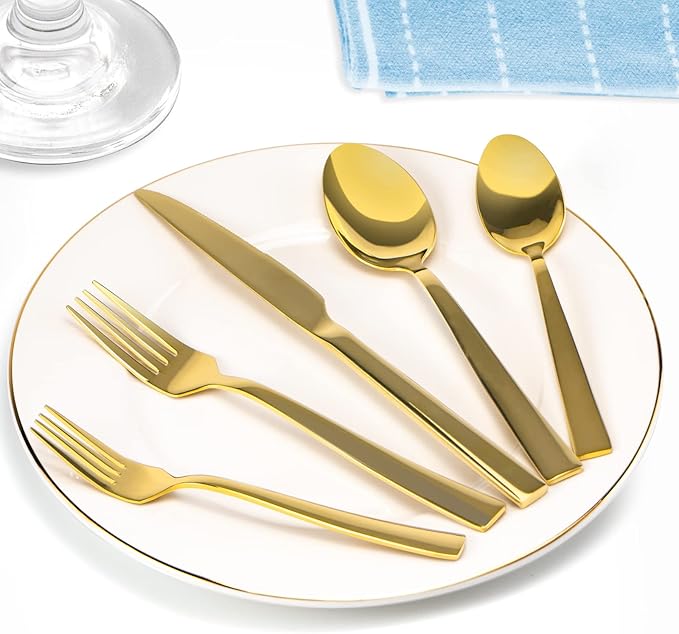 Gold Silverware Set, Briout 40 Piece Stainless Steel Flatware Cutlery Set Service for 8 Luxury Square Tableware Thick Knife Fork Spoon for Home Kitchen Restaurant Wedding, Mirror Polished