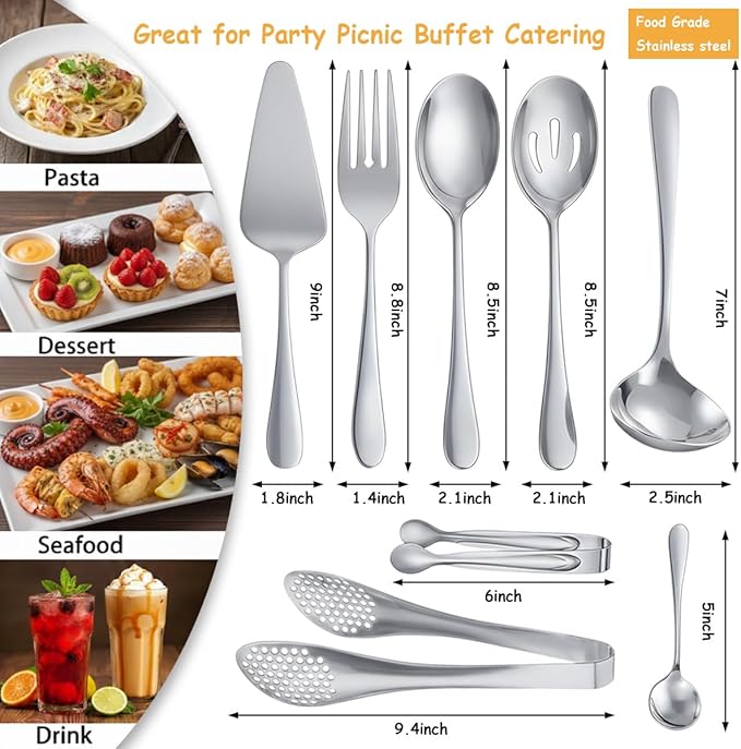 8 PCS Stainless Steel Serving Utensils, Ice Suger Tongs, Large Serving Spoons Slotted Spoons, Cake Server, Forks, Soup Ladle, Metal Utensils Set Tool for Buffet Catering Banquet Party(Silver)