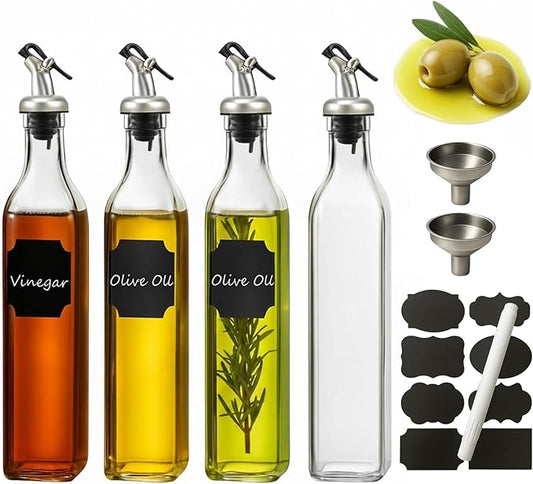 WERTIOO Olive Oil Dispenser Bottle,4Pack 17 OZ Glass Oil Dispenser for Kitchen with 4 Pourer,2 Stainless Steel Funnel & 1 Pen and 8 Label for Kitchen (500ml)