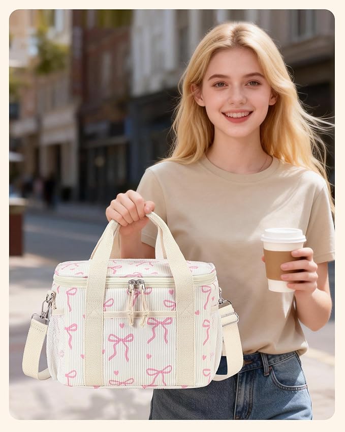 LOIDOU Lunch Box for Women Men Cute Insulated Corduroy Lunch Bag Cooler Leakproof Reusable Adult Lunchbox Adjustable Strap Pink bow lunch tote for Work Office Beach Picnic, Bow