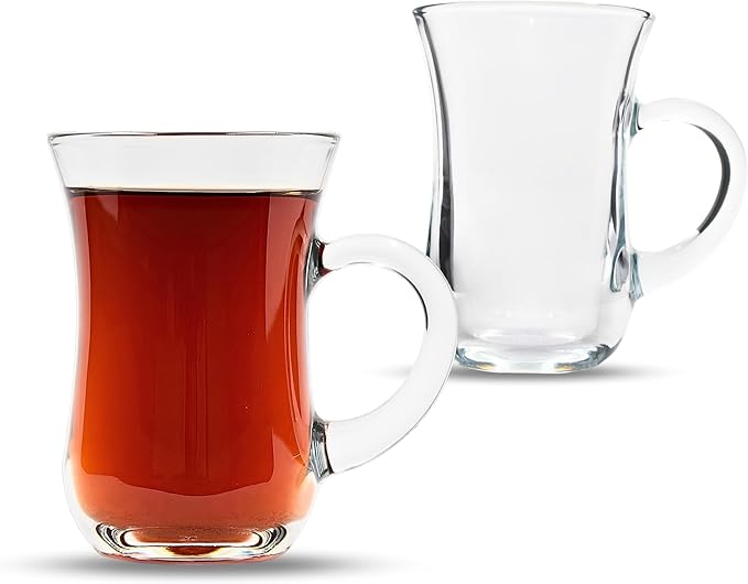 Turkish Tea Glasses With Handle - 24 pcs Tea Cups, Slim Waist Design and Thick Sole Prevent the Tea From Getting Cold, Capacity 145cc, 4 3/4 Oz, 2.5" x 4H