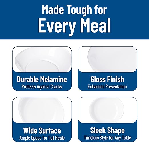 Carlisle FoodService Products Stadia Reusable Plastic Plate Pasta Plate for Home and Restaurant, Melamine, 9.5 Inches, White, (Pack of 12)