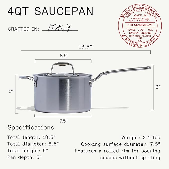 Made In Cookware | 4 Quart Stainless Steel Saucepan with Lid | 5 Ply Stainless Clad Sauce Pan | Professional Cookware | Crafted in Italy | Induction Compatible