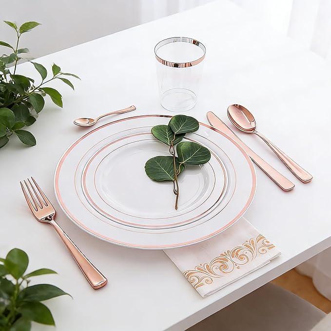 WDF 120 Pieces Rose Gold Plastic Silverware- Disposable Flatware Set-Heavyweight Plastic Cutlery- Includes 40 Forks, 40 Spoons, 40 Knives for Baby Shower Wedding Spring Mother's Day Party