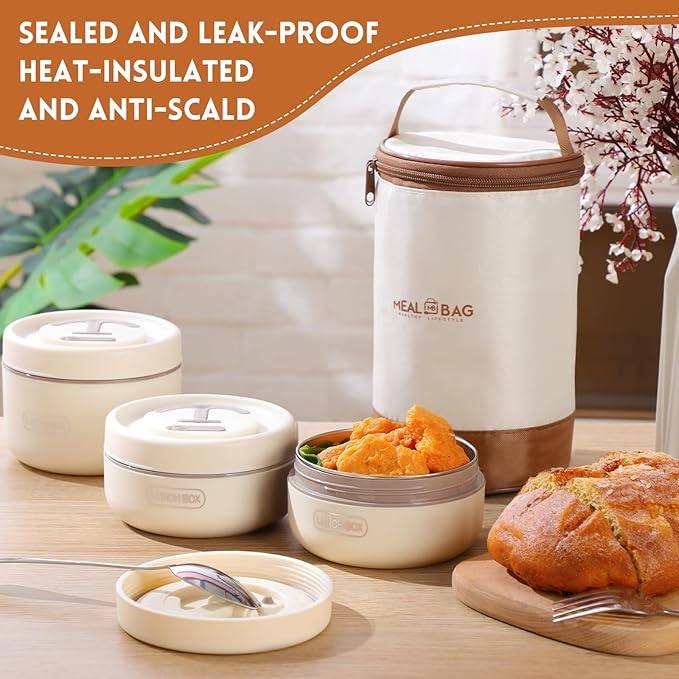 Dandat 3 Pcs Portable Insulated Lunch Container Set for Adult, Stackable Stainless Steel Bento Box for Hot Food with Insulated Lunch Bag Unisex 3 Separate Thermal Food Container(Beige,Round)