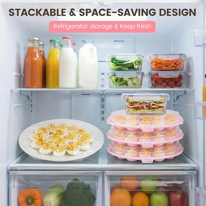 HANSGO Deviled Egg Containers with Lid, Deviled Egg Platter Carrier Holder Trays with 22 Slots for Holiday Party and Home Kitchen, Pink