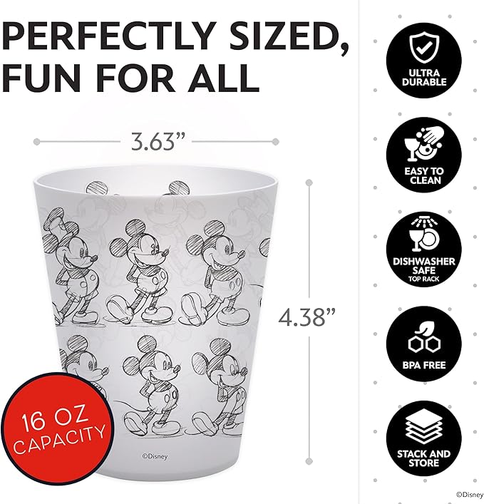 Disney Reusable Plastic Cups – 4 Pack 16 oz Plastic Drinking Glasses with Mickey, Stitch, Pooh, or Disney100 Designs – BPA-Free, Stackable, Top Rack Dishwasher Safe Tumblers for Water, Juice & More