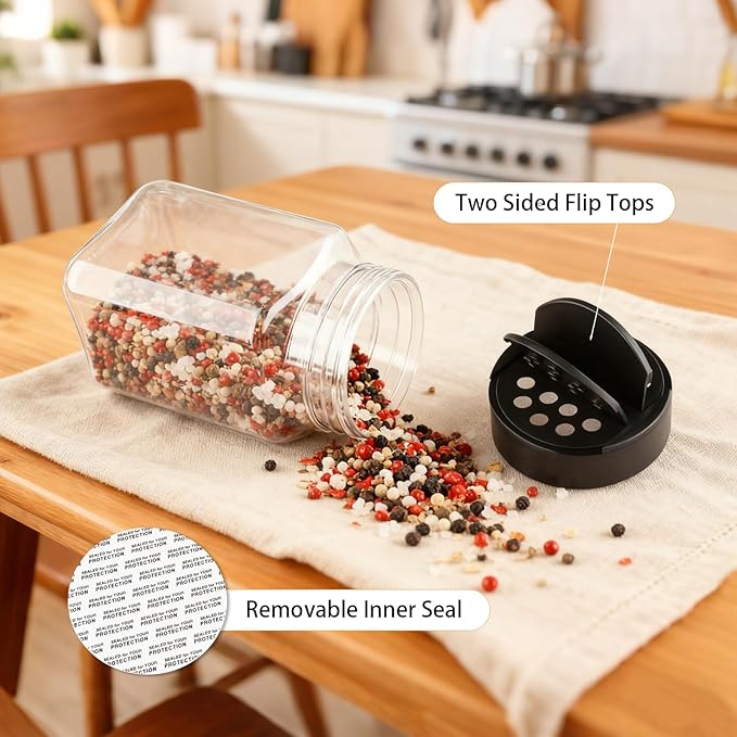 9 Pcs 12 oz Plastic Spice Jars with Black Cap,Square Plastic Bottle Containers with Lid and Stickers,Protable Empty Seasoning Bottles Clear Spice Shaker for Storage Spices,Coffee, Tea, Herbs