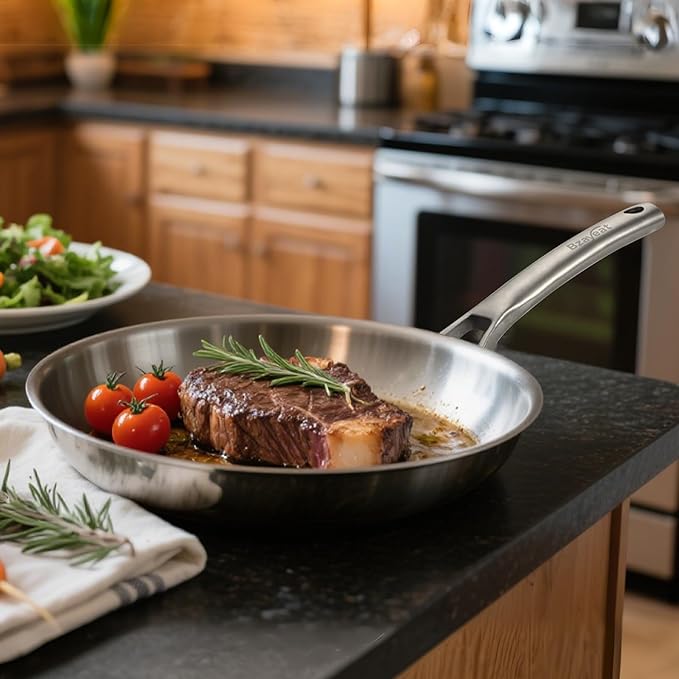 Chef's Frying Pan 12 Inch, Tri-Ply Clad Stainless Steel Skillet, Induction Compatible Sauté Pan with Even Heat for Searing, Oven & Dishwasher Safe, Professional Restaurant Grade Cookware