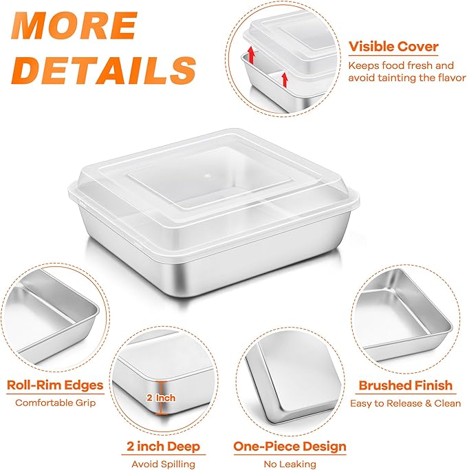 TeamFar 9 x 9 Inch Square Cake Pan, Stainless Steel Square Baking Pan with Lid for Brownie Lasagna, Non-Toxic & Heavy Duty, One-Piece & Smooth, Dishwasher Safe & Easy Clean (2 Pans + 2 Lids)