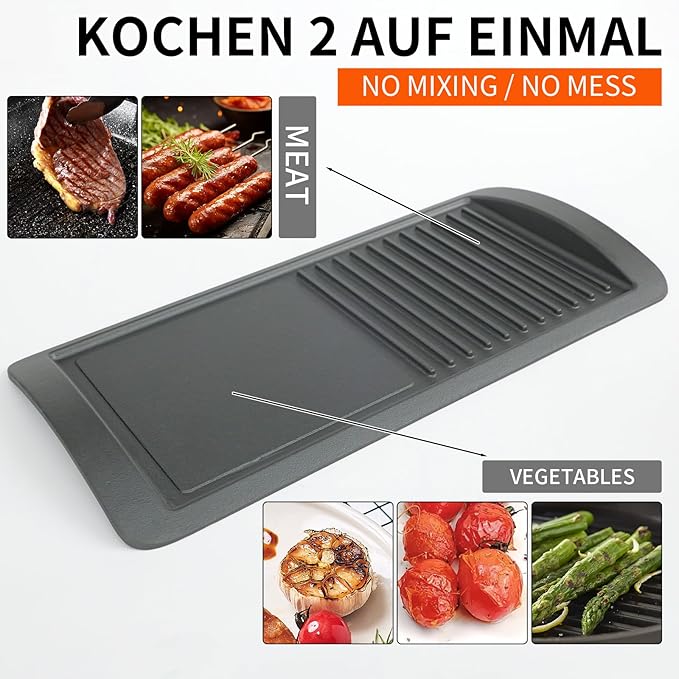 2-in-1 Cast Iron Grill Griddle Pan, Rectangular Double-Sided Cooking Pan with Dual Handles, Non-Coated & Healthy, Includes 2 Loofah Cleaning Brushes