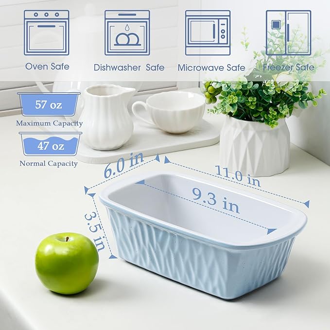 NUTRIUPS 9 x 6 Inch Rectangular Ceramic Loaf Pan for Baking Bread (Blue)