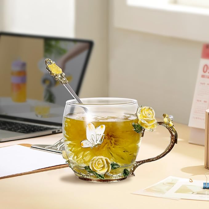 SUQ I OME Enamel Rose and Butterfly Flower Glass Tea Cup, Valentine Gifts For Women,Wife, Friend for Valentines Wedding, Women's day, Engagement, Yellow Rose,11 oz