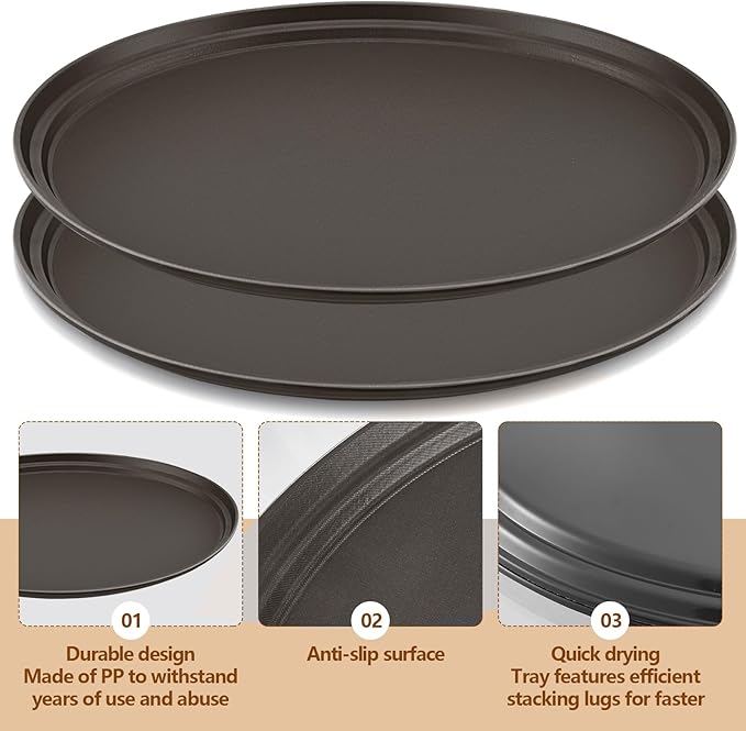 2 Pcs Restaurant Serving Trays PP Plastic Non Slip Rubber Lined Large Oval Tray for Kitchen Dining Room Cafeterias Fast Food Service (24 x 29 Inch,Brown)