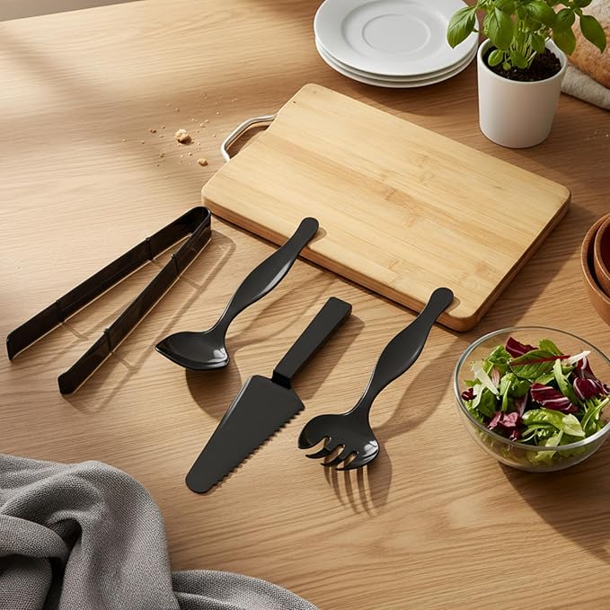 50 Pcs Disposable Plastic Serving Utensils Set Include 8.5'' Serving Spoons Forks 9'' Tongs and Knives for Birthday Party Buffet Dinner Food Salad Utensils Christmas (Black)