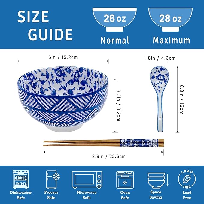 Japanese 28 Oz Ceramic Ramen Noodle Soup Cereal Pho Rice Salad Bowl Set with Chopsticks and Spoons, Premium Gift Set for House Warming, Birthday, Holiday, Microwave Safe, Dishwasher Safe