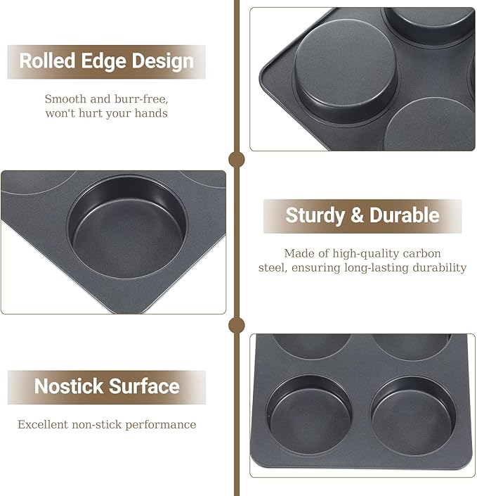 6 Cup Straight Side Jumbo English Muffin Cupcake Pan with Lid, Nonstick Hamburger Bun Pan, Nonstick Baking Tin Tray Mold for Baking Burger Buns Roll Focaccia Quiche Pancake